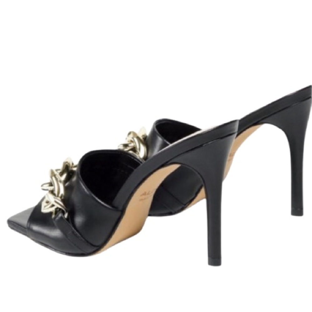 Aldo High Heel Black Leather Square Toe Sandals /Mules w/ Gold Chain Size 6.5 - Picture 6 of 12